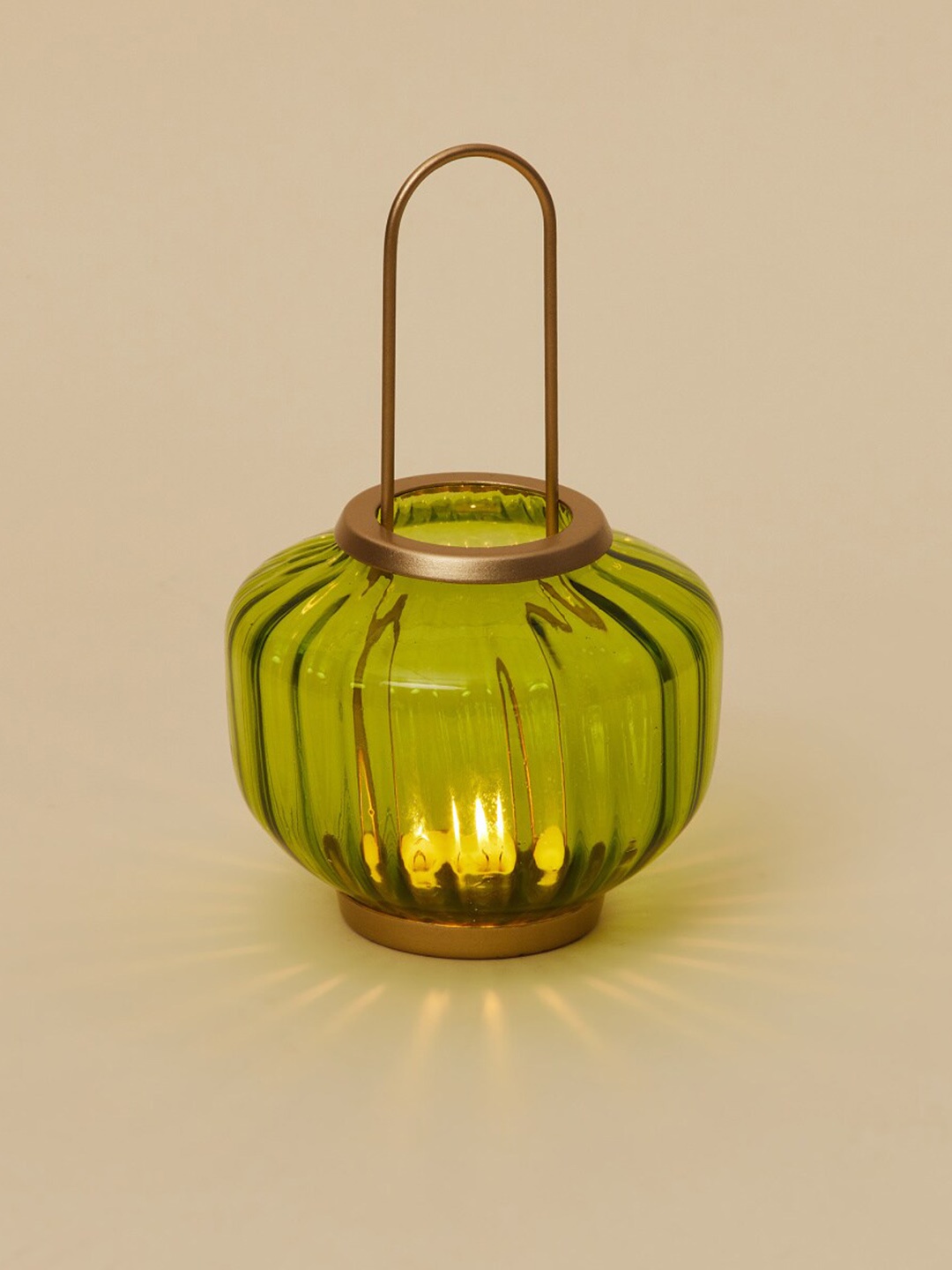 

Home Centre Green & Gold Colored Textured Glass Hanging T-light Holder