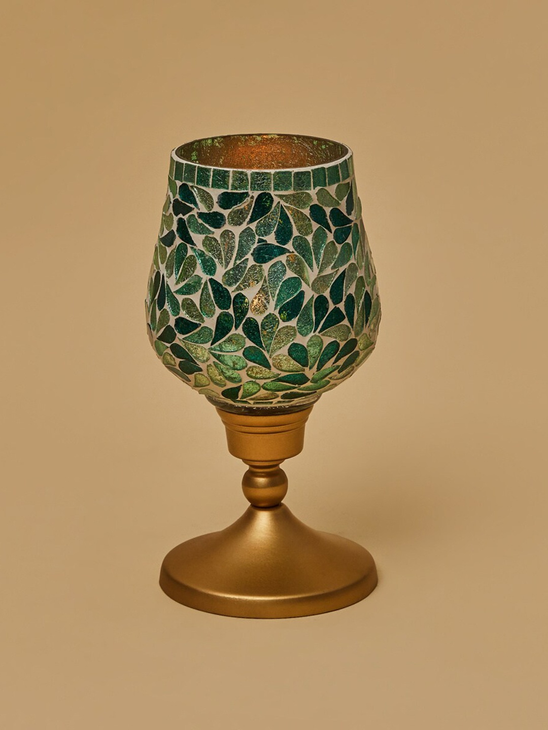 

Home Centre Green & Gold-Toned Mosaic Glass Candle Holder