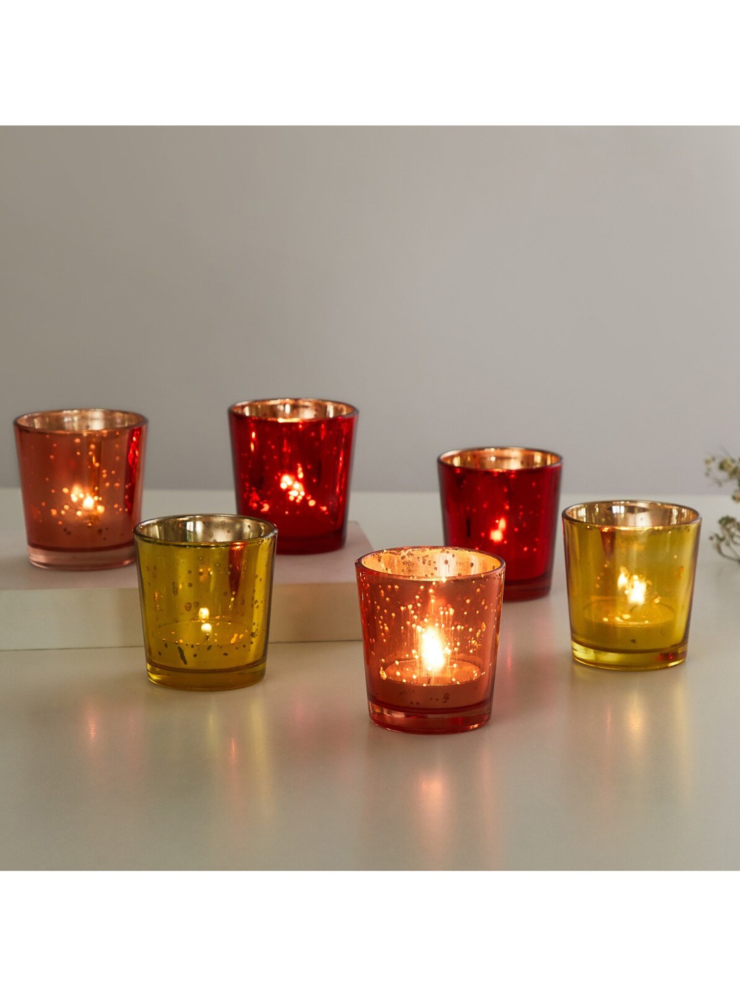 

Home Centre Set of 6 Glass T-Light Candle Holder, Red