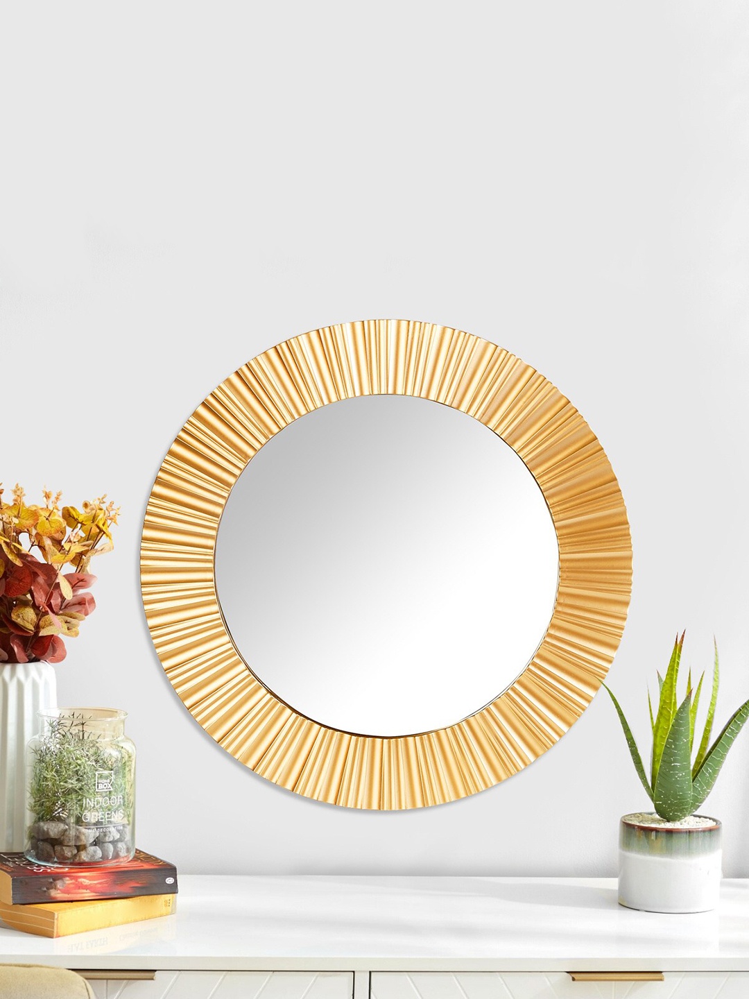 

Home Centre Gold Colored Textured Glass Round Wall Mirror