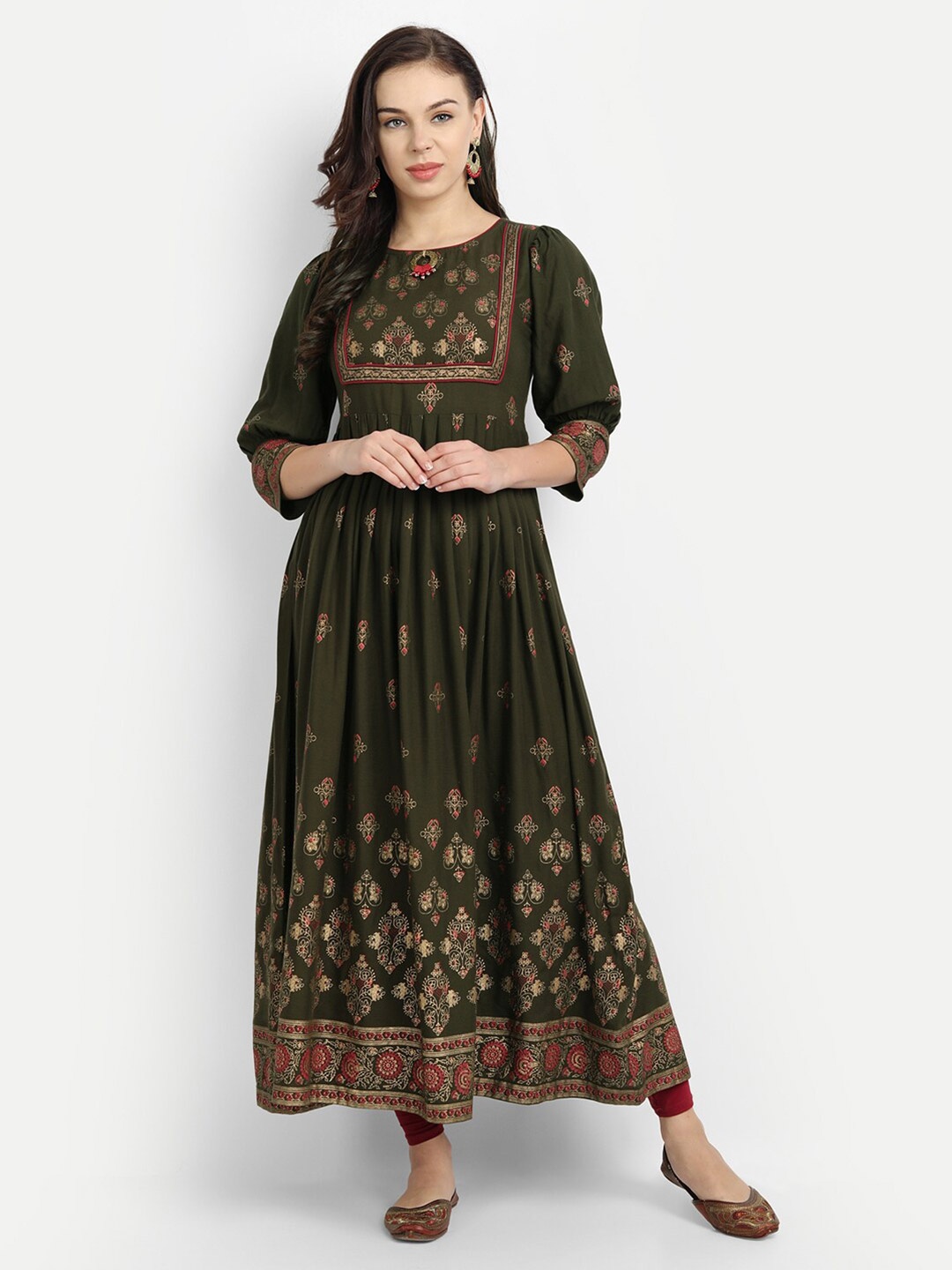 

MADHURAM Women Green Ethnic Motifs Printed Pleated Anarkali