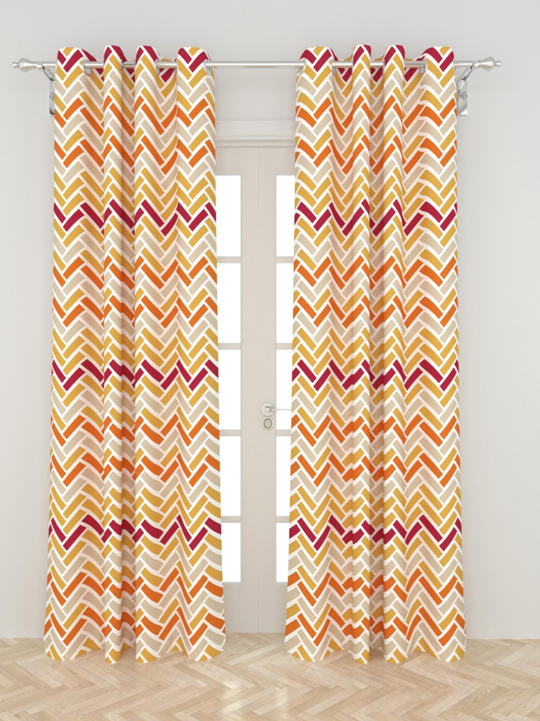 

Home Centre White & Orange Set of 2 Geometric Black Out Door Curtain