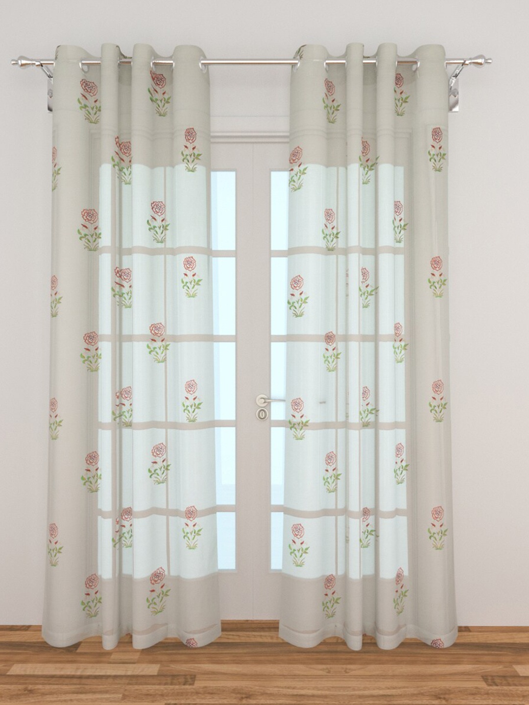 

Home Centre White & Red Set of 2 Floral Sheer Door Curtain