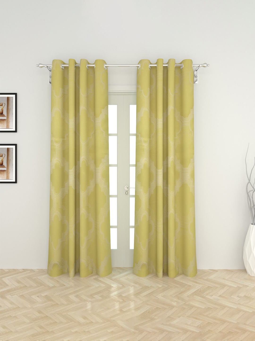 

Home Centre Set Of 2 Yellow & White Printed Curtains