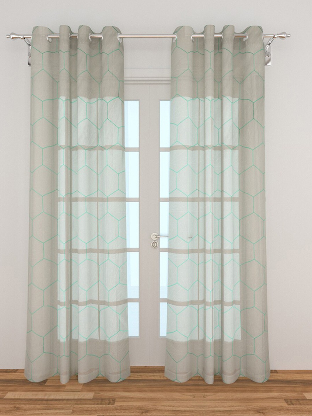

Home Centre Grey & Green Set of 2 Geometric Embroidered Sheer Door Curtain