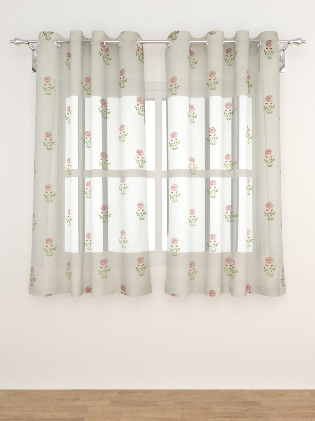 

Home Centre Grey & Red Set of 2 Floral Embroidered Sheer Window Curtain