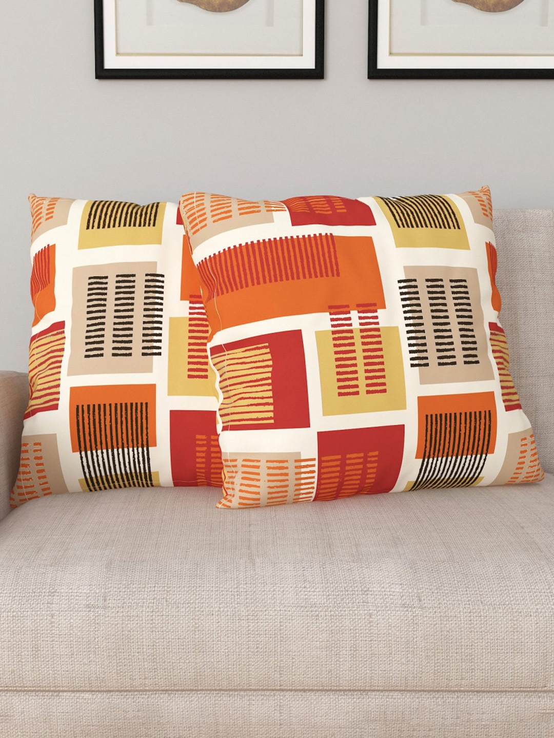 

Home Centre Set Of 2 Orange & Cream-Coloured Printed Square Cushion Fillers, White