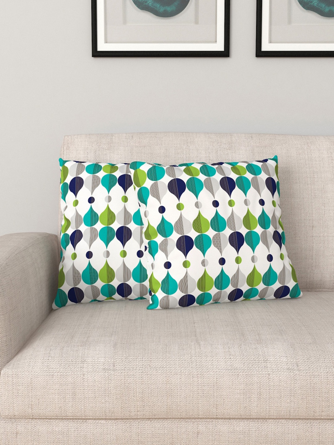 

Home Centre Set of 2 White & Green Printed Cotton Filled Cushions