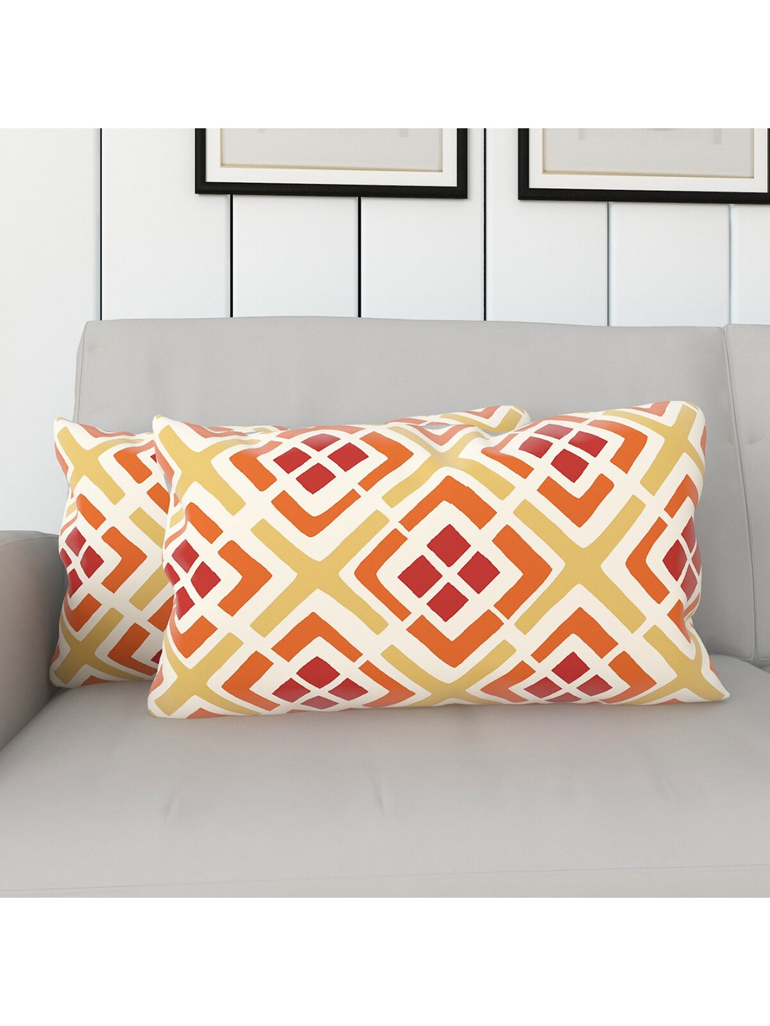 

Home Centre Set Of 2 White & Red Ebony Printed Cotton Filled Rectangle Cushion cover