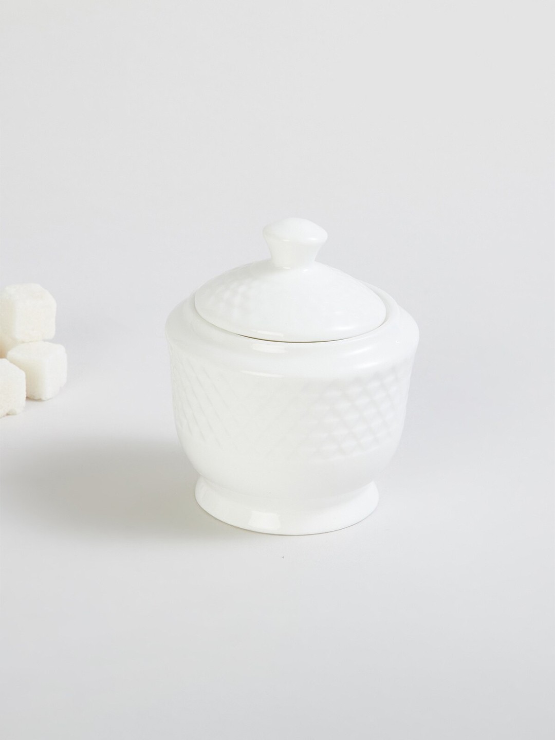 

Home Centre White Textured Bone China Sugar Pot