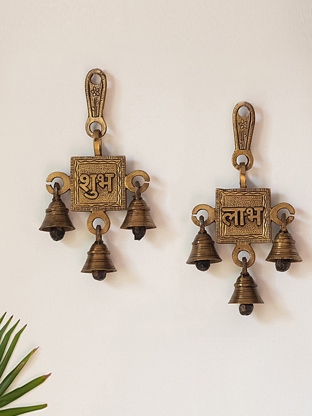 

ExclusiveLane Gold-Toned Shubh Labh Pair Hand-Etched Spiritual Brass Wall Decor Hanging
