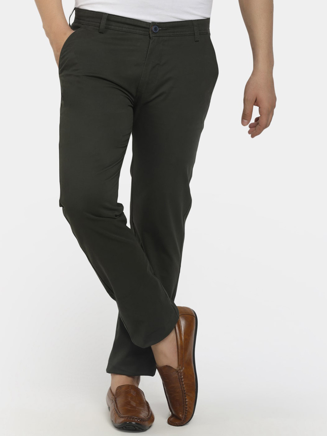 

V-Mart Men Olive Green Solid Twill Cotton Trousers
