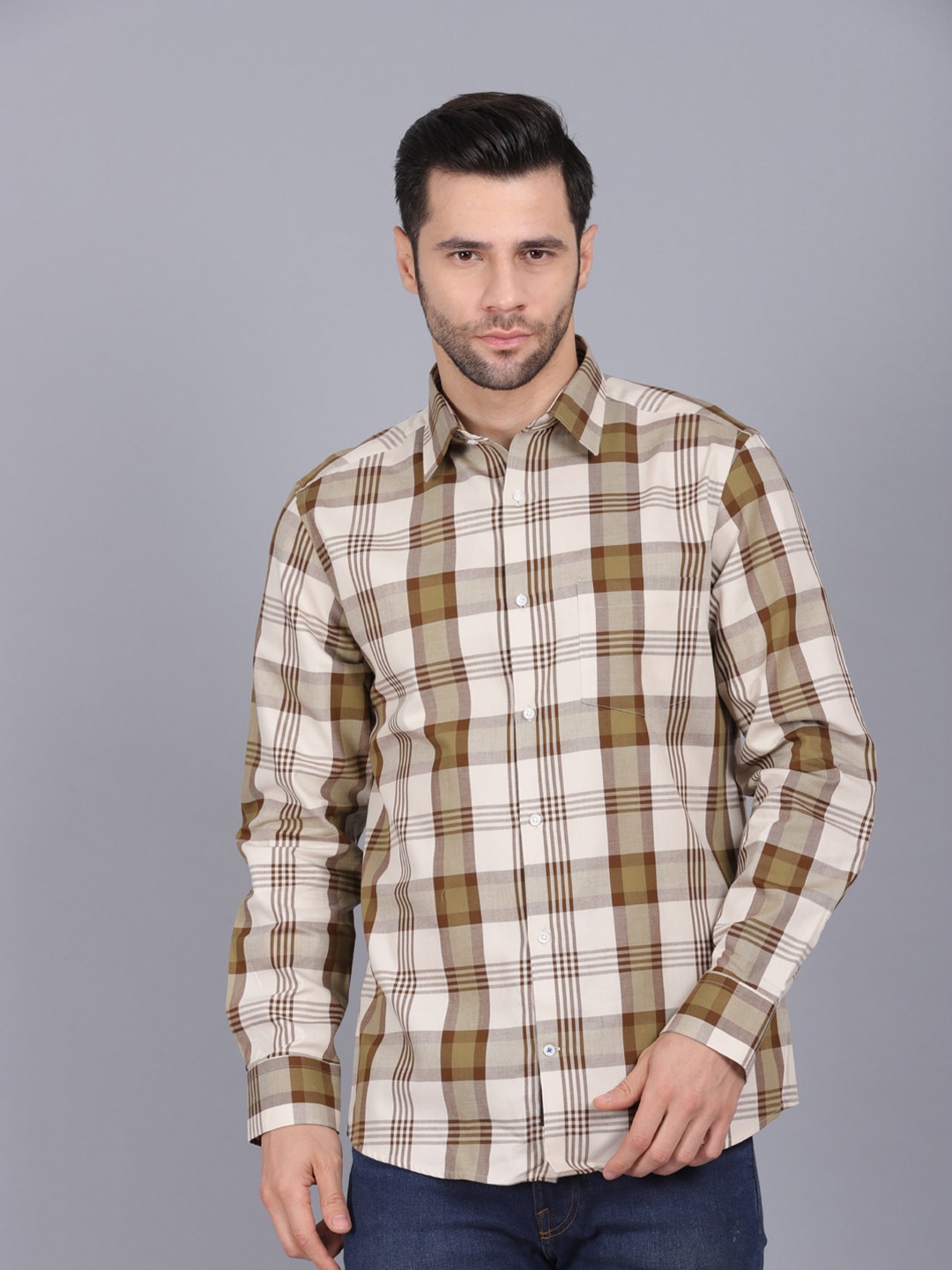 

CANOE Men Beige & Brown Original Slim Fit Checked Pure Cotton Formal Shirt