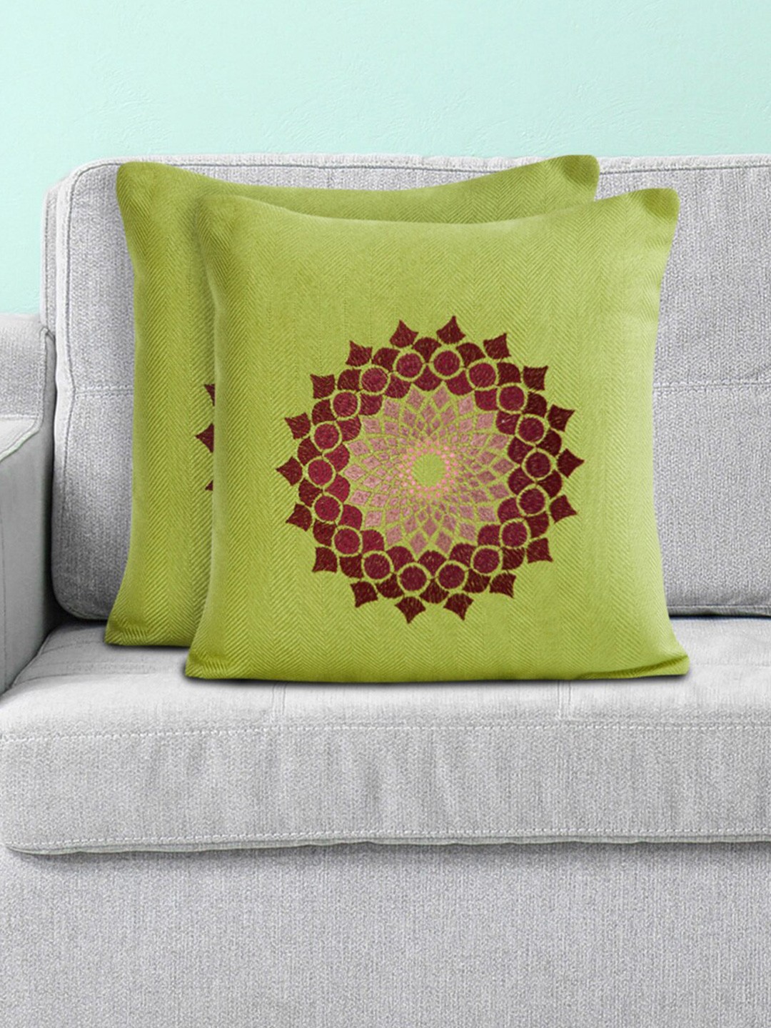 

Home Centre Green & Red Set of 2 Embroidered Square Cushion Covers