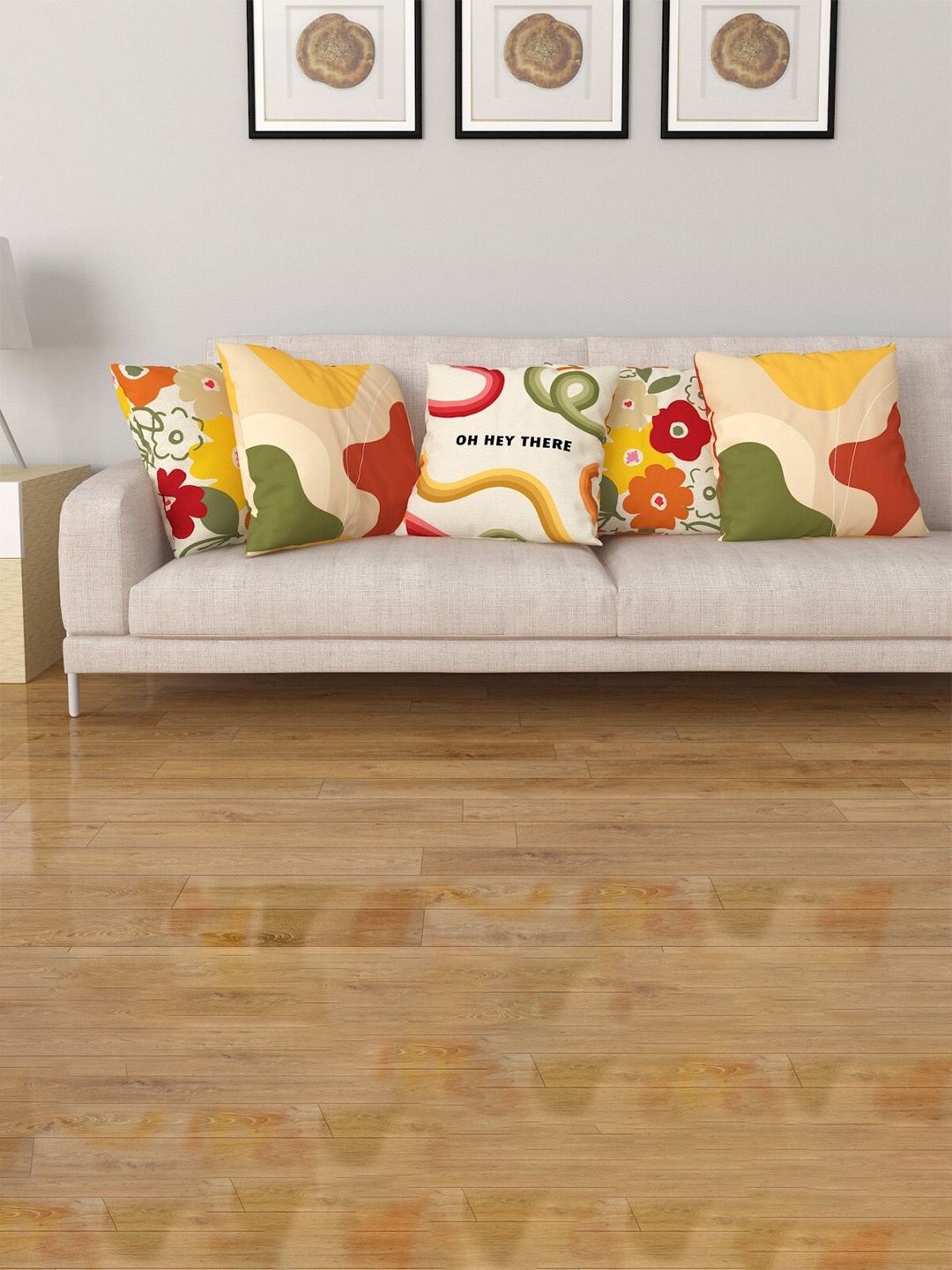 

Home Centre Cream-Coloured & Yellow Set of 5 Abstract Square Cushion Covers