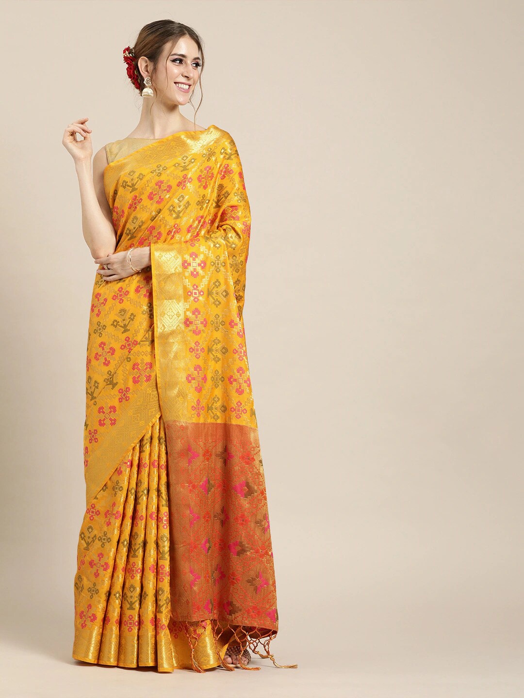 

MS RETAIL Yellow & Red Ethnic Motifs Zari Silk Blend Banarasi Patola Saree