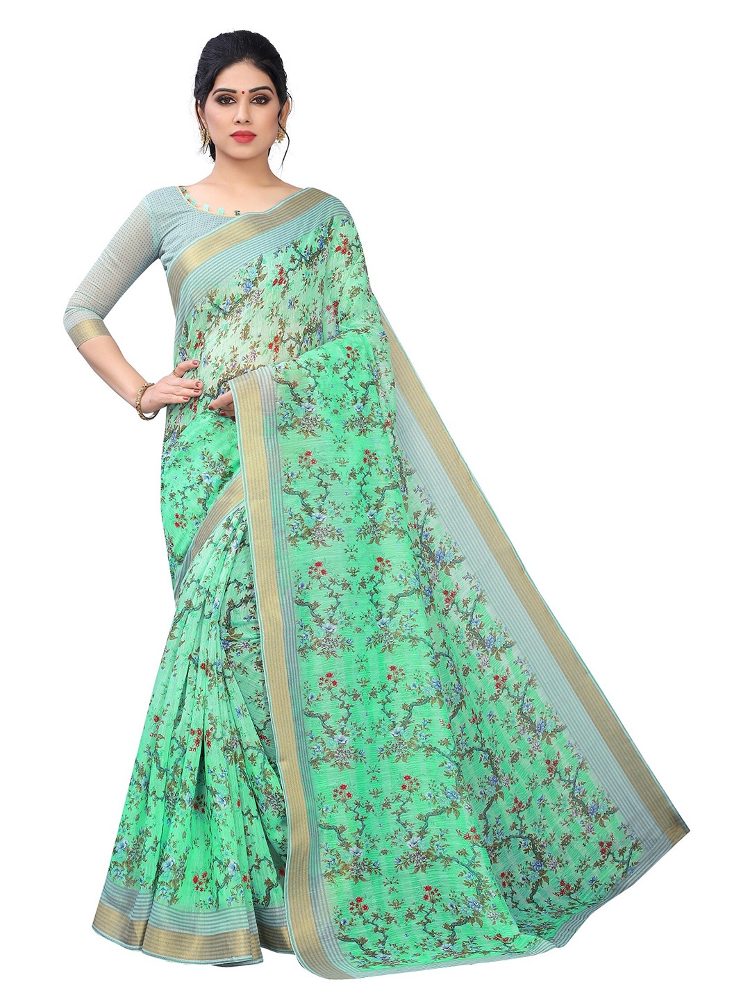 

PERFECTBLUE Green & Red Floral Saree