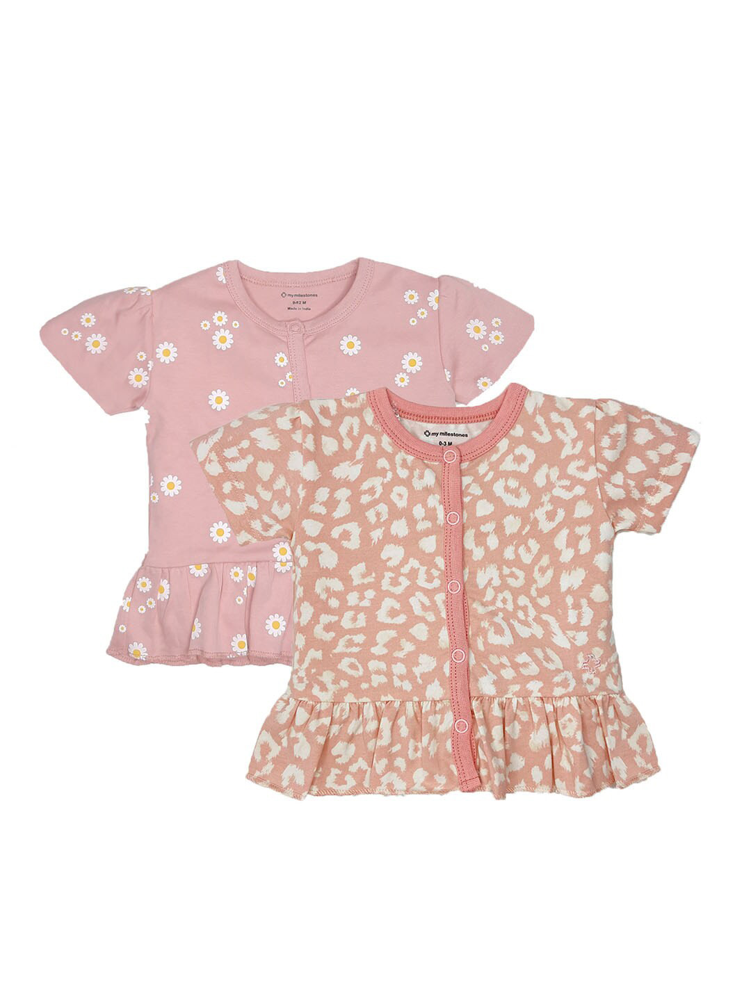 

My Milestones Infants Girls Peach-Coloured & White Printed Henley Neck T-shirt Pack Of 2