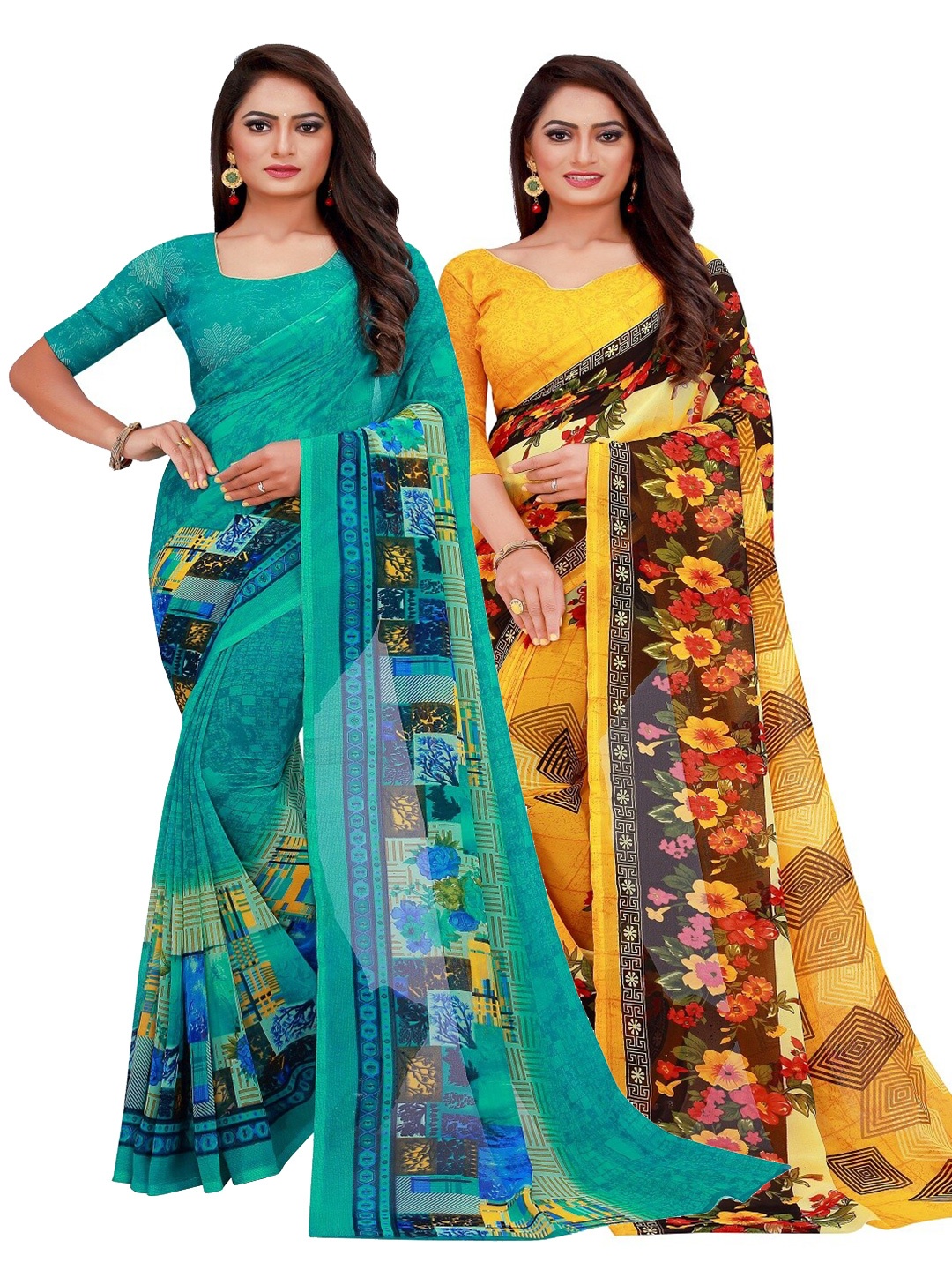 

Florence Pack of 2 Yellow & Turquoise Blue Printed Pure Georgette Saree