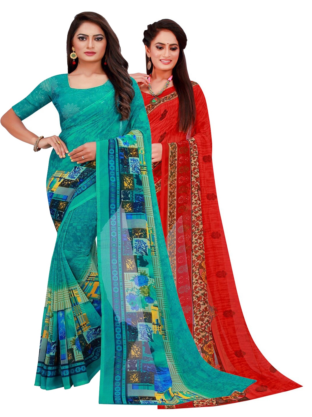 

Florence Turquoise & Red Set Of 2 Floral Printed Pure Georgette Saree, Turquoise blue