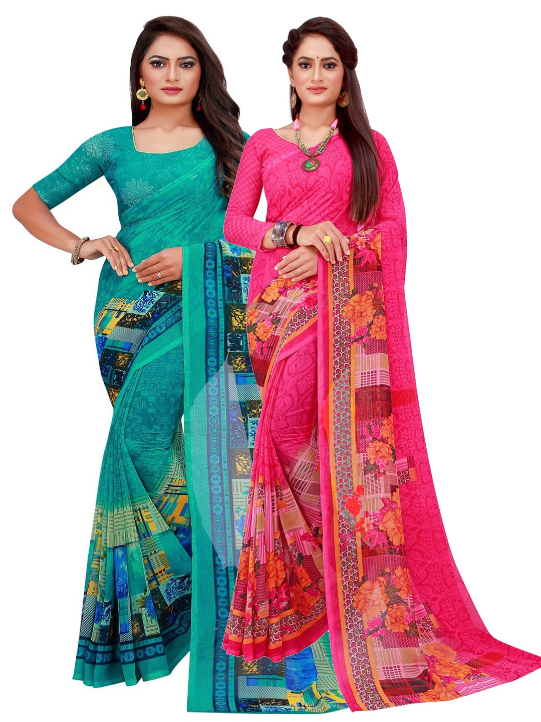 

Florence Pack of 2 Magenta & Turquoise Blue Floral Pure Georgette Saree