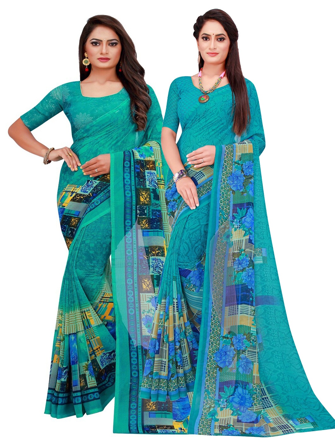 

Florence Turquoise Blue & Green Set Of 2 Printed Georgette Sarees