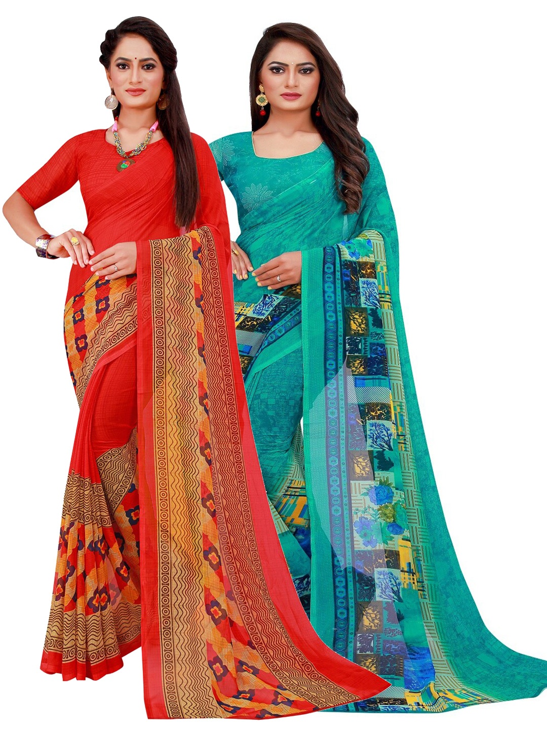 

Florence Pack of 2 Red & Turquoise Blue Ethnic Motifs Pure Georgette Saree