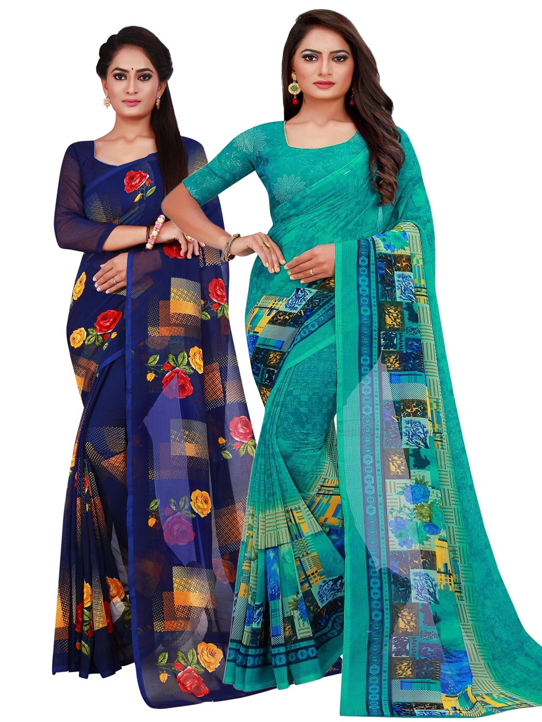 

Florence Turquoise Blue & Navy Blue Pack of 2 Pure Georgette Saree