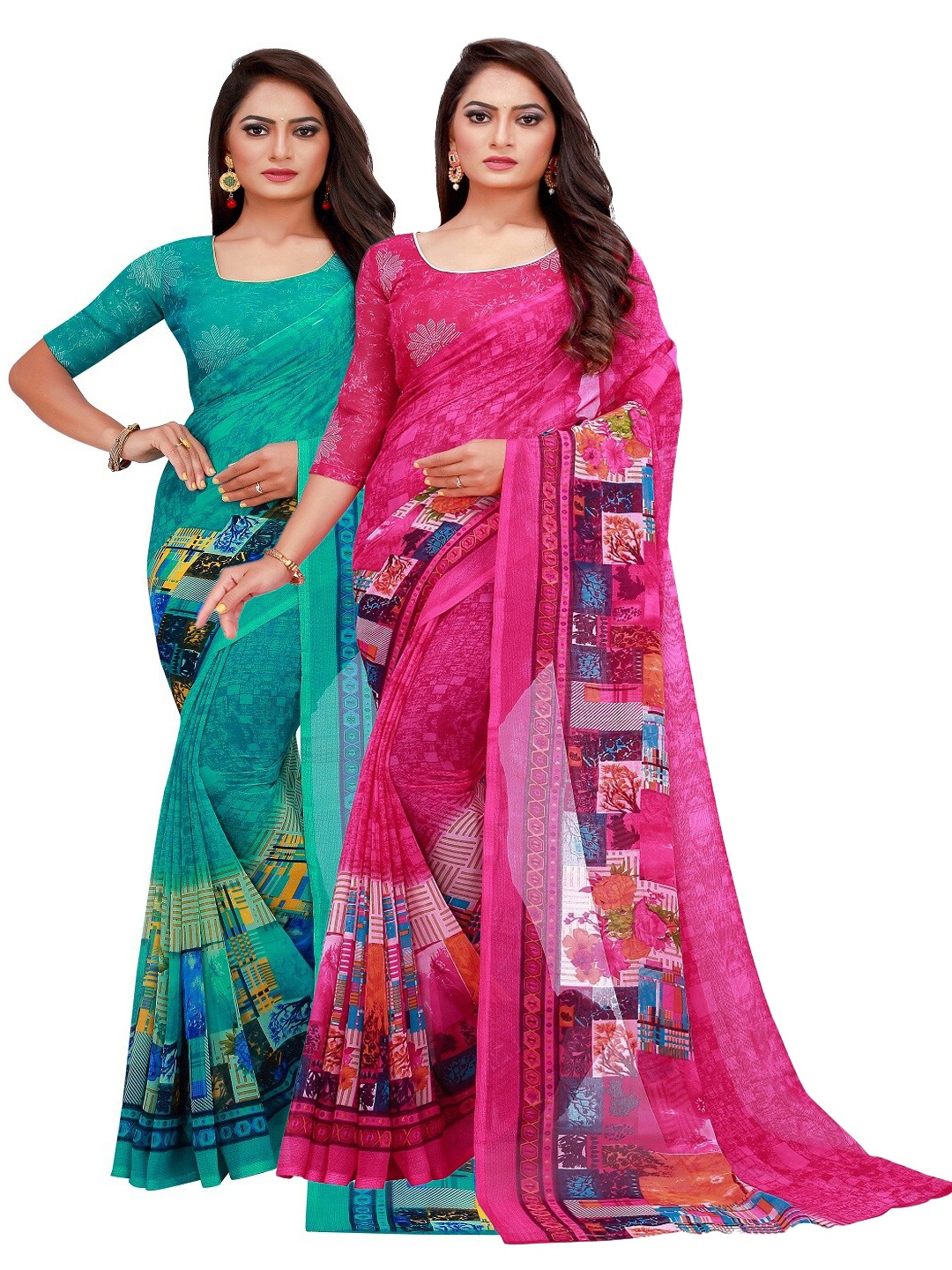 

Florence Pack of 2 Turquoise Blue & Magenta Printed Pure Georgette Saree