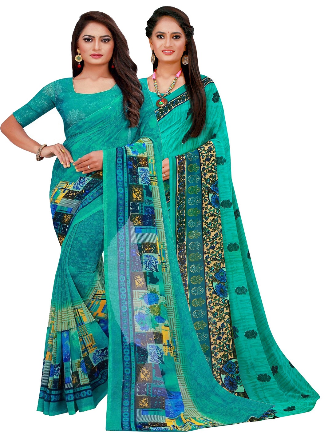 

Florence Pack of 2 Turquoise Blue Ethnic Motifs Pure Georgette Saree