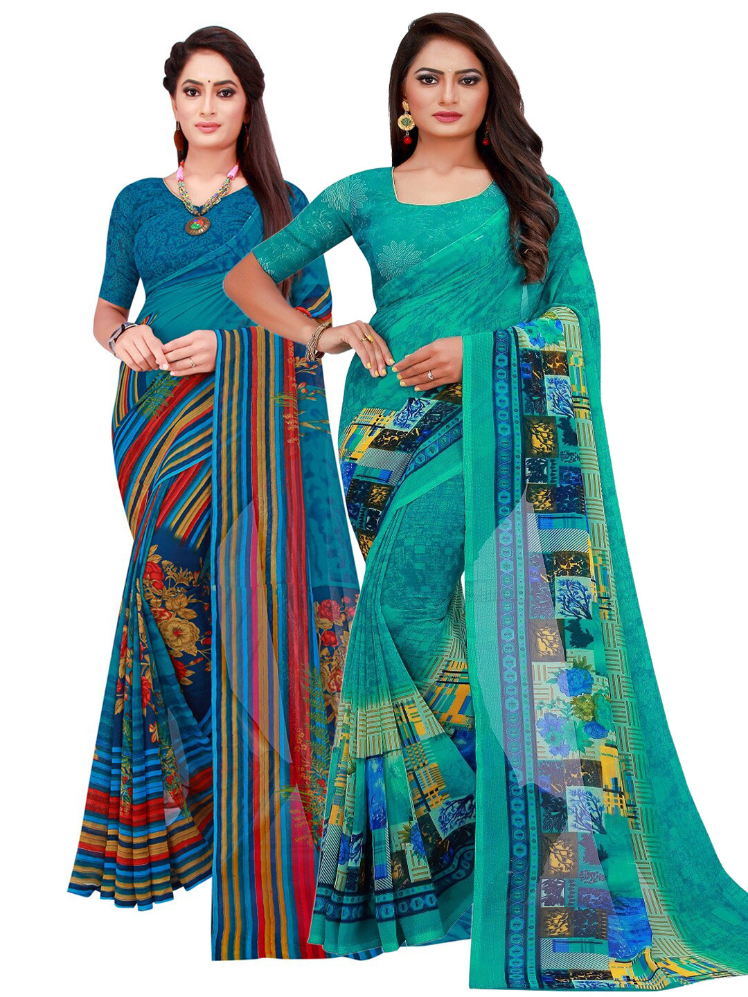 

Florence Pack of 2 Turquoise Blue & Teal Blue Floral Pure Georgette Saree