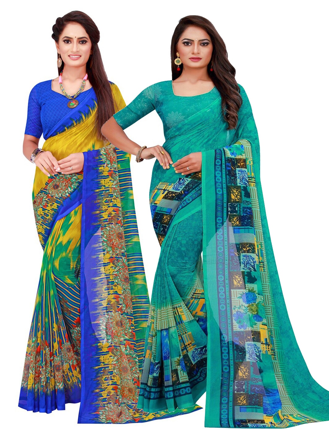 

Florence Pack of 2 Turquoise Blue & Yellow Floral Pure Georgette Saree