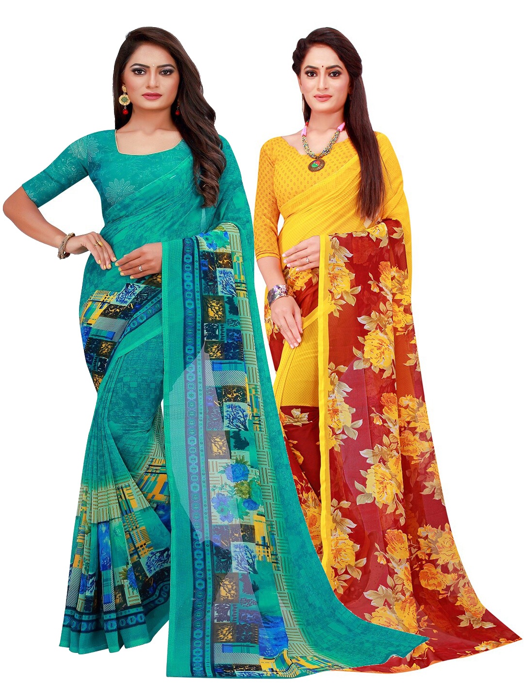 

Florence Pack of 2 Turquoise Blue & Yellow Floral Pure Georgette Saree