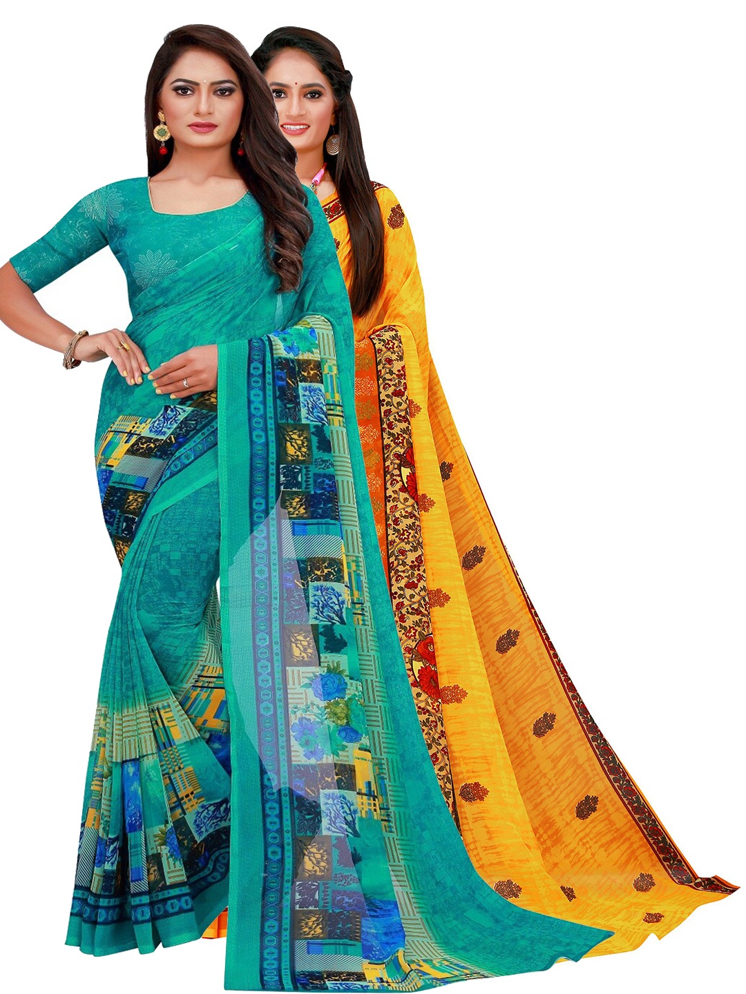 

Florence Turquoise Blue & Yellow Pack of 2 Printed Pure Georgette Saree