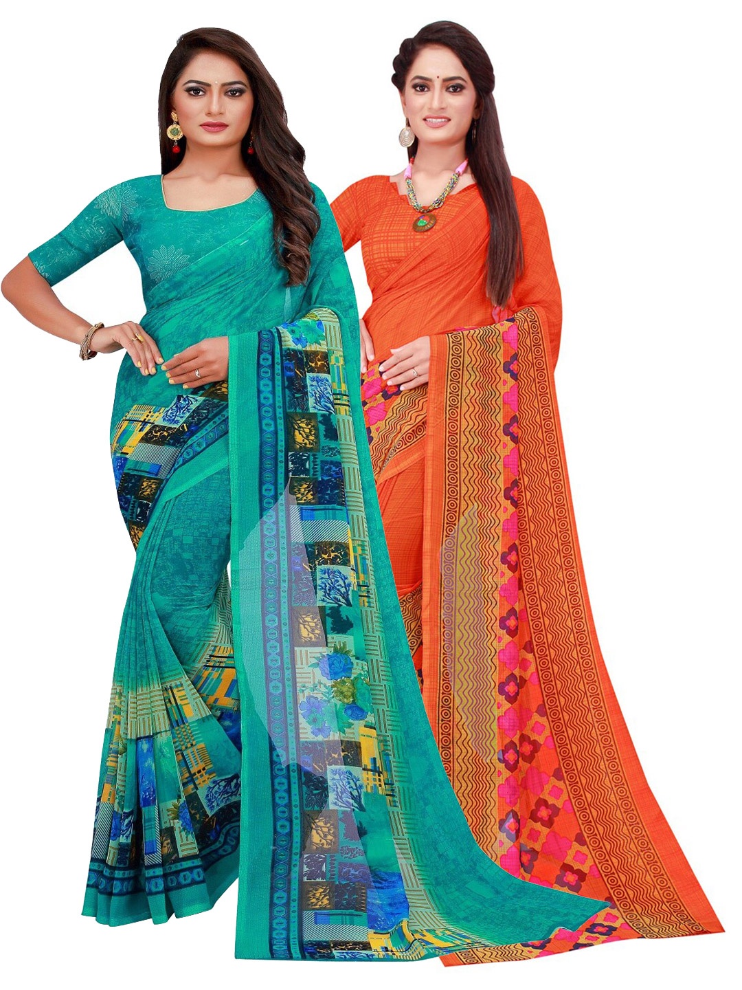 

Florence Women Orange & Turquoise Blue Set Of 2 Floral Printed Pure Georgette Saree