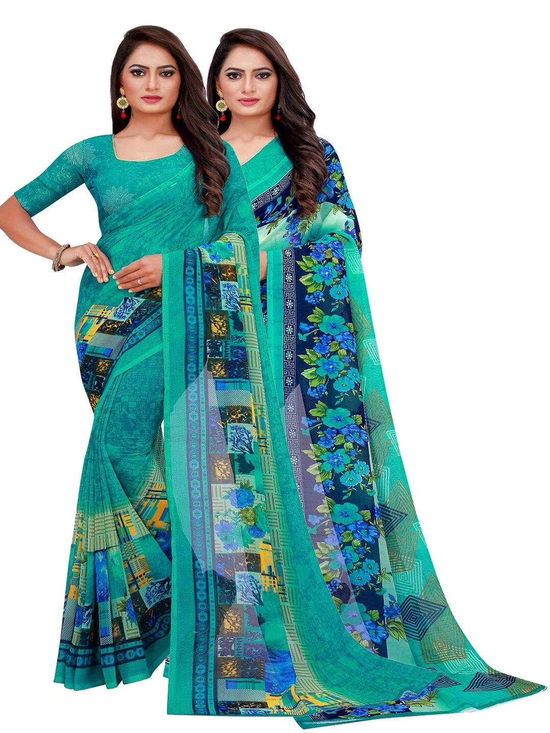 

Florence Pack of 2 Turquoise Blue Floral Pure Georgette Saree