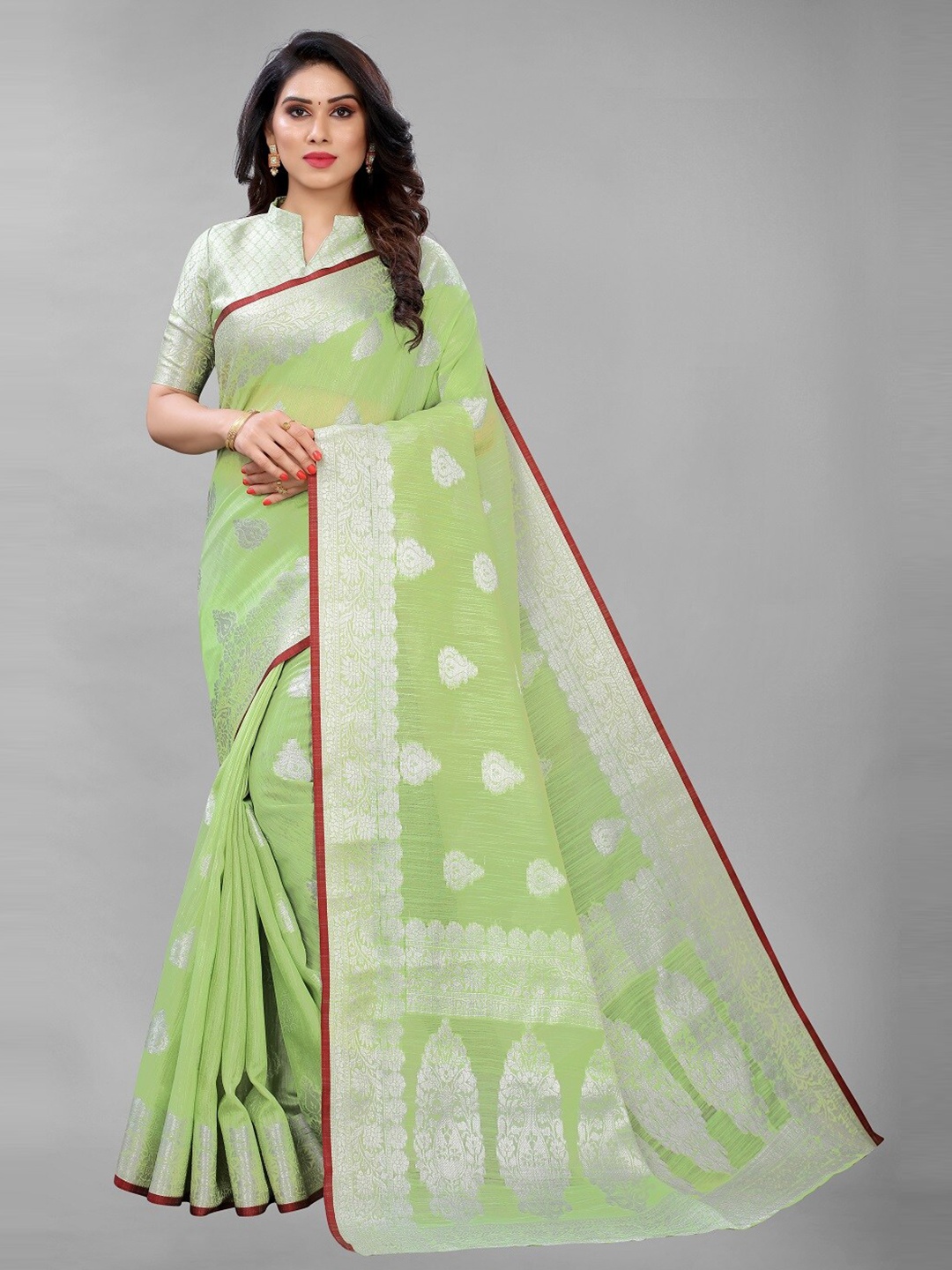 

PERFECTBLUE Olive Green & Silver-Coloured Ethnic Motifs Silk Blend Saree