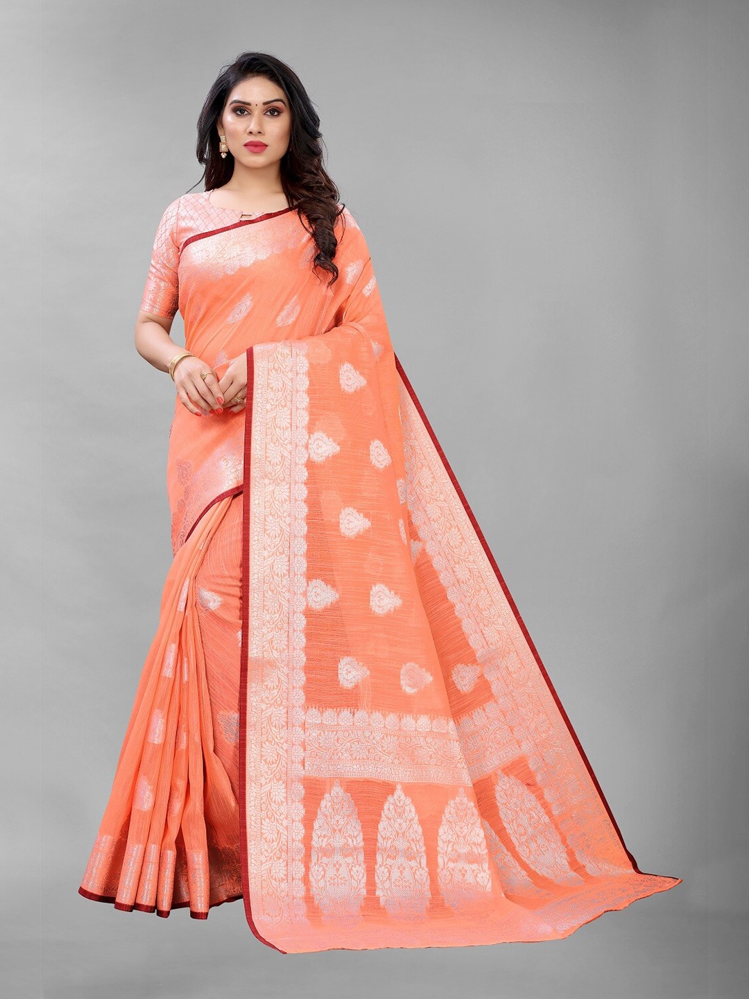

PERFECTBLUE Peach-Coloured & Silver-Toned Woven Design Zari Silk Blend Saree