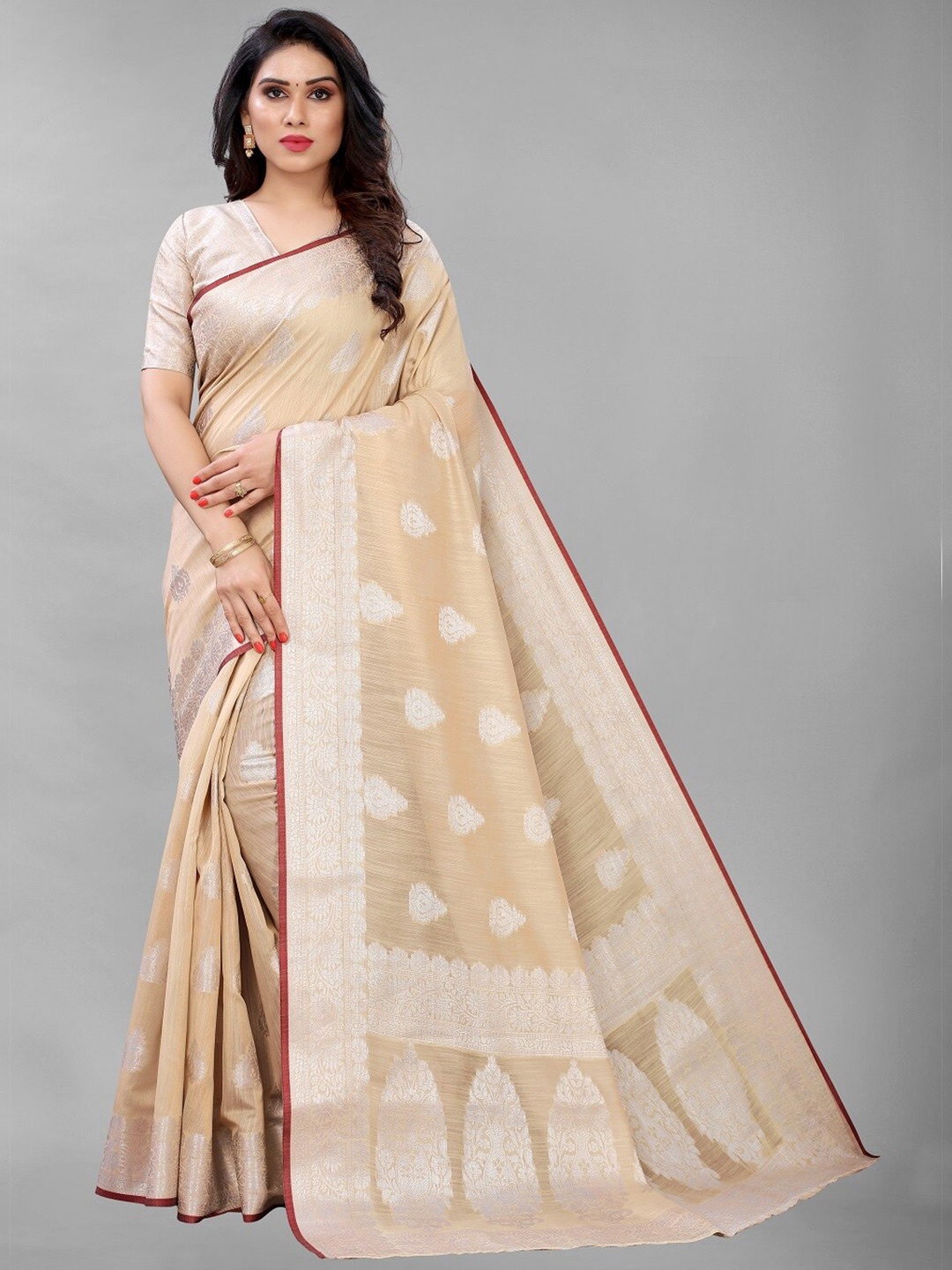 

PERFECTBLUE Beige & Silver-Toned Woven Design Zari Silk Blend Saree