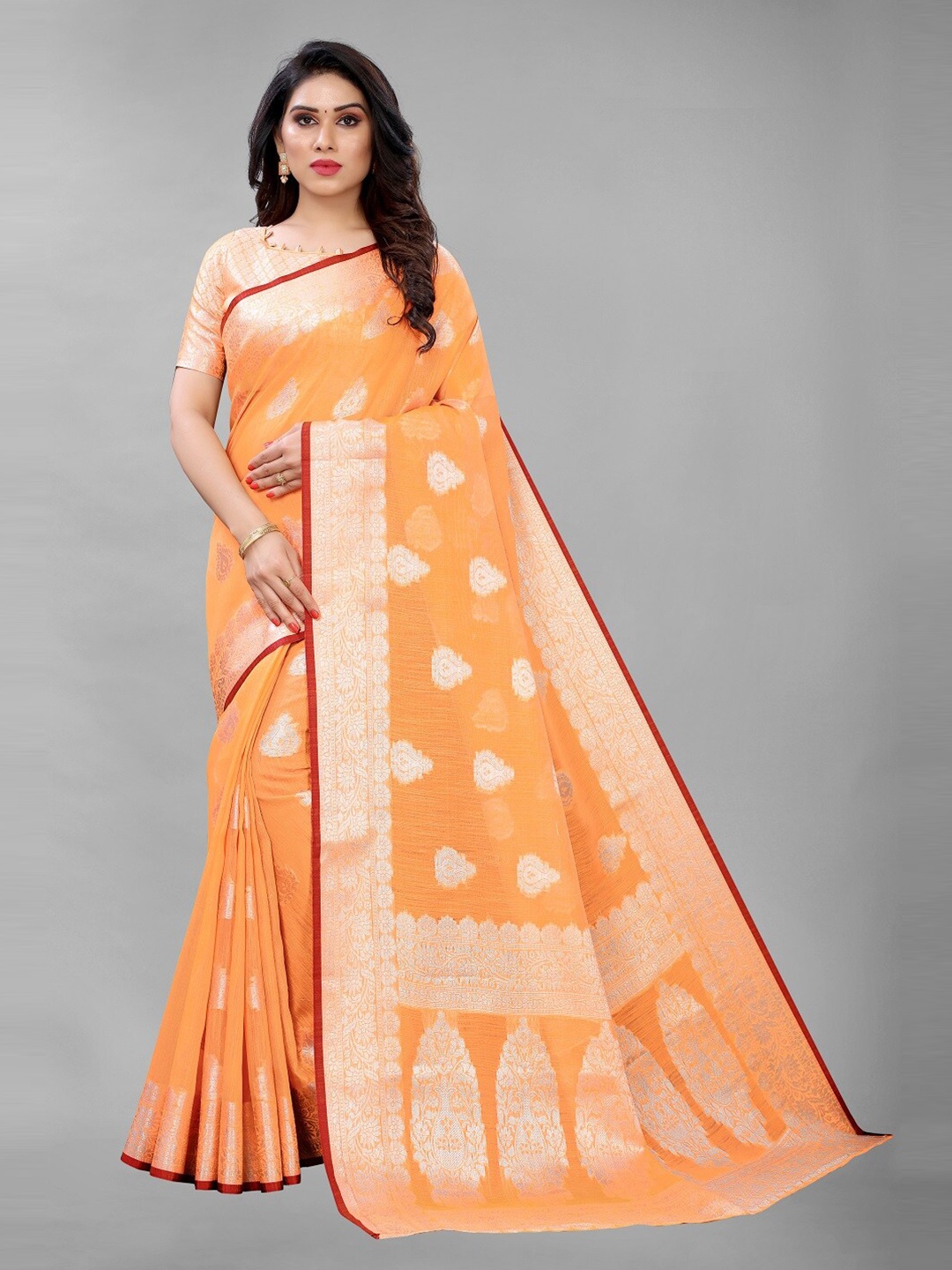 

PERFECTBLUE Orange & Silver-Toned Woven Design Silk Blend Saree