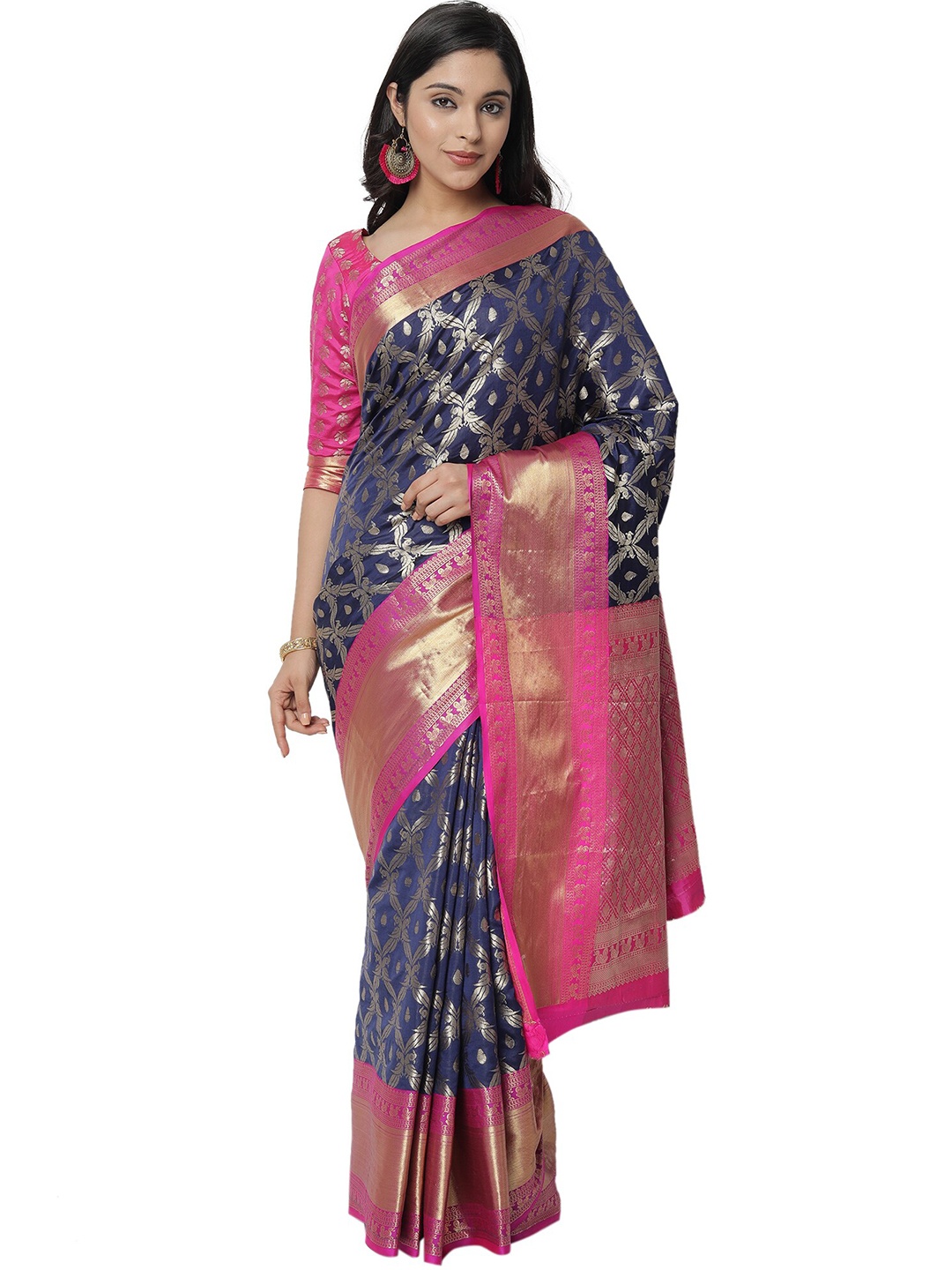 

PERFECTBLUE Navy Blue & Golden Ethnic Motifs Zari Art Silk Kanjeevaram Saree