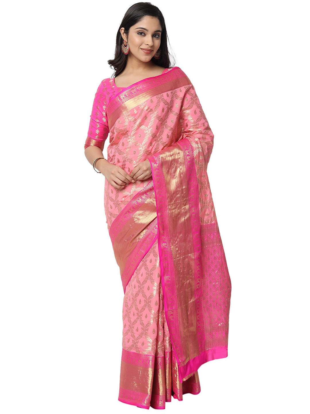 

PERFECTBLUE Pink & Gold-Toned Woven Kanjivaram Art Silk Saree