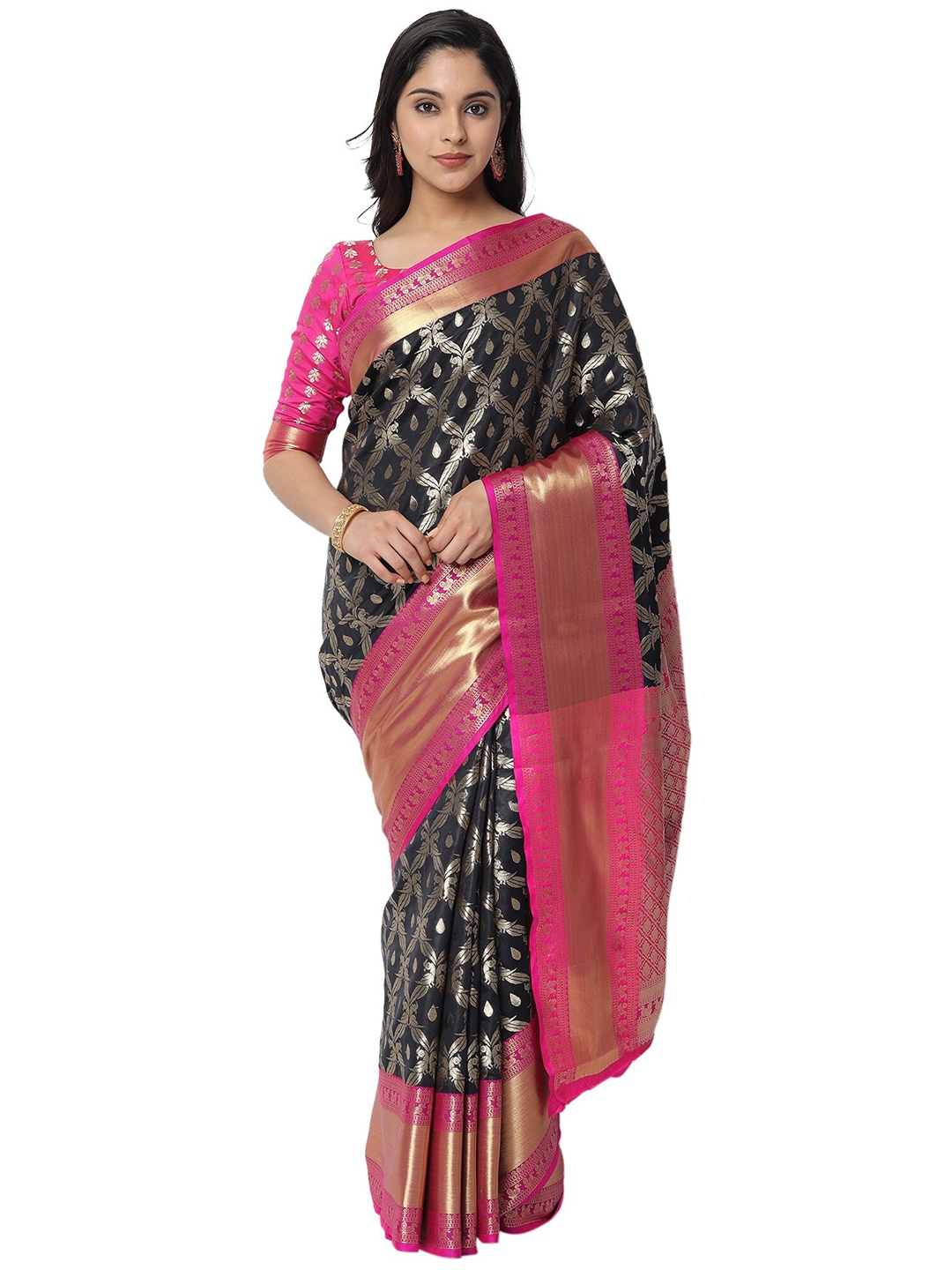 

PERFECTBLUE Black & Pink Woven Design Zari Art Silk Kanjeevaram Saree