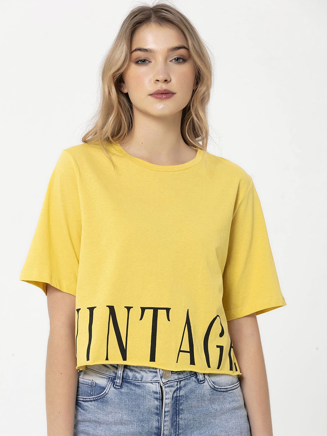 

Miss Poem Women Yellow & Black Typography Printed Pure Cotton T-shirt