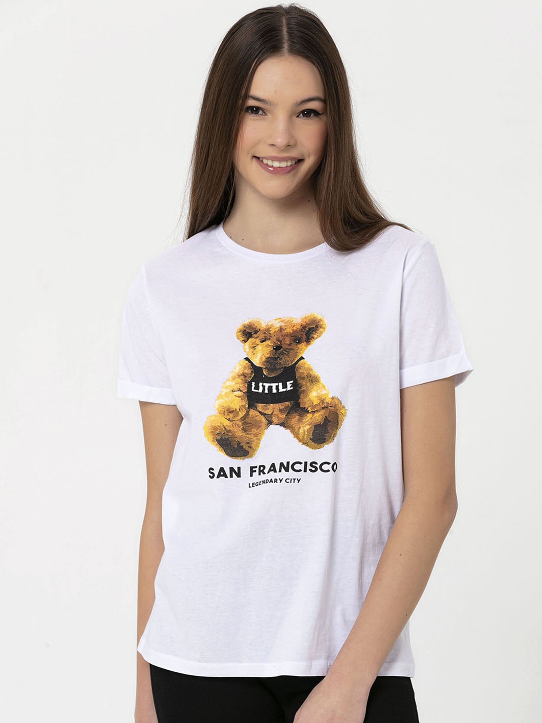 

Miss Poem Women White & Mustard Yellow Printed Pure Cotton T-shirt