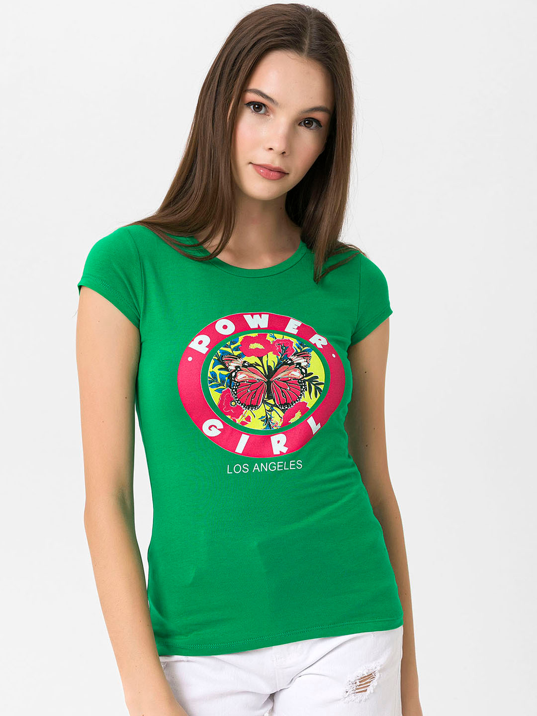 

Miss Poem Women Green & Pink Printed T-shirt