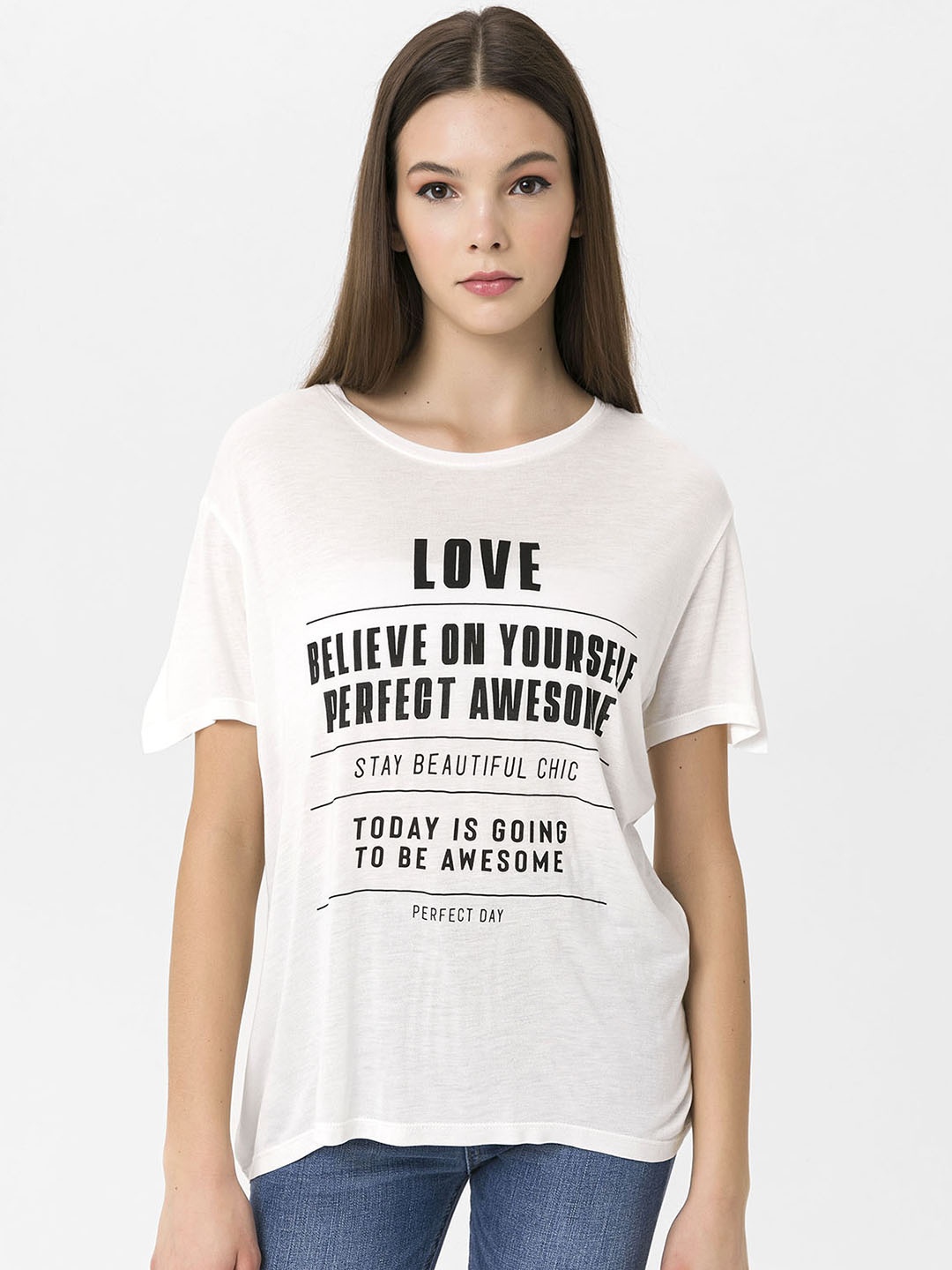 

Miss Poem Women White & Black Typography Printed T-shirt