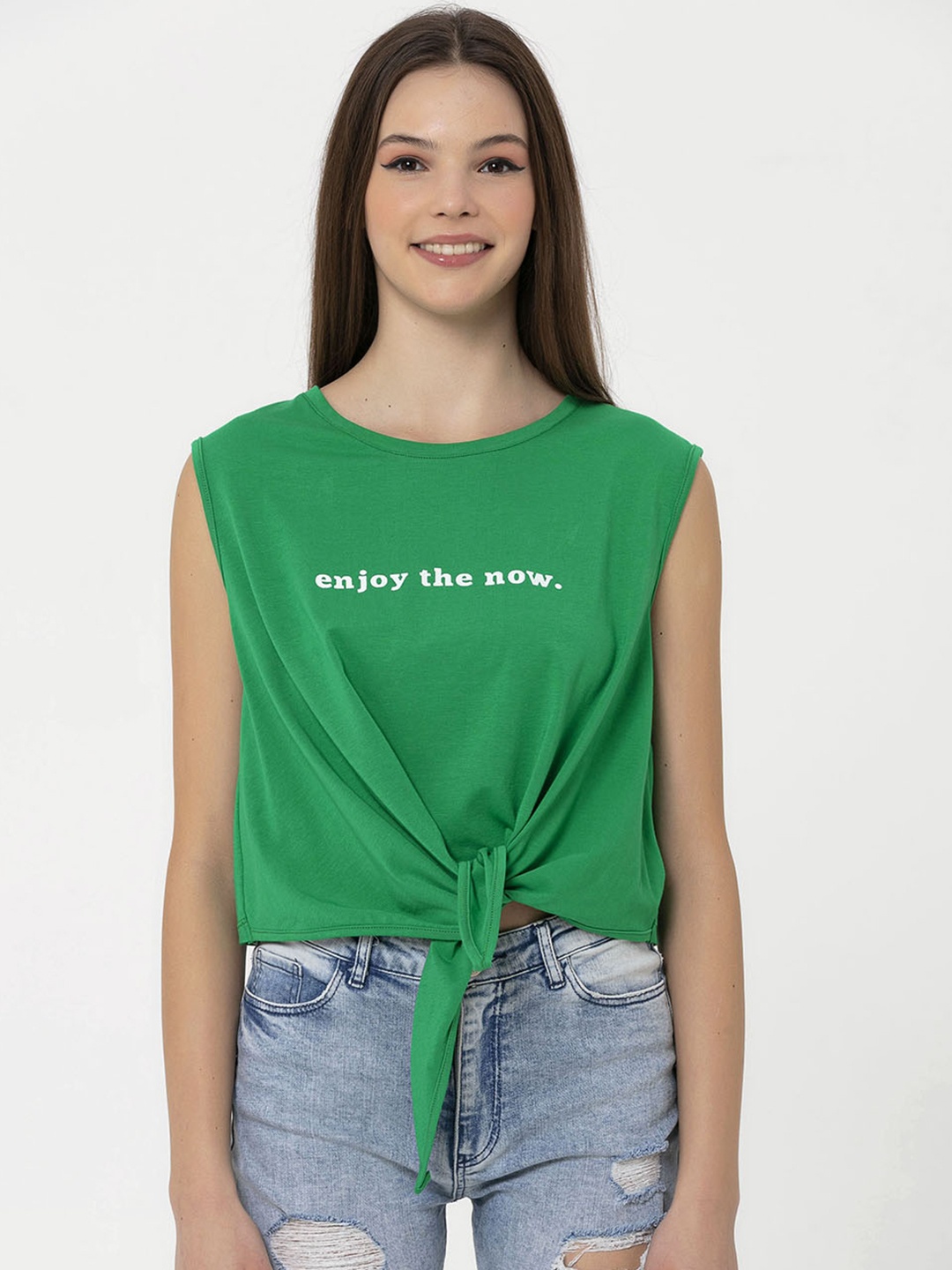 

Miss Poem Women Green & White Typography Printed T-shirt with Tie-Up Detail