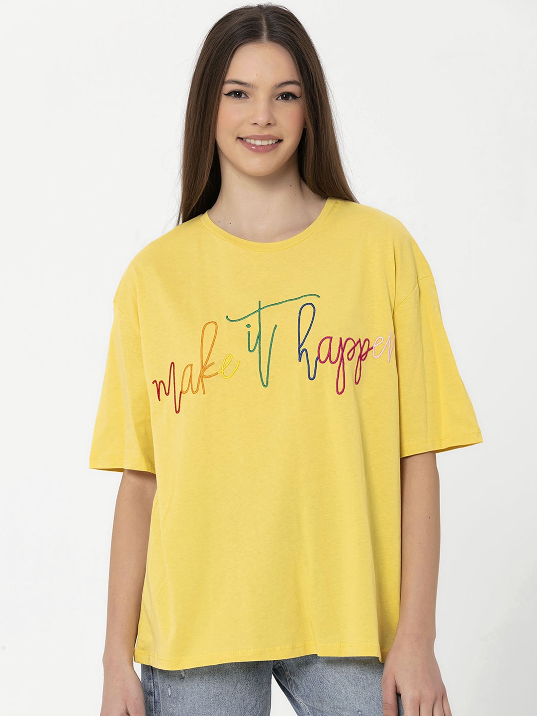 

Miss Poem Women Yellow & Pink Typography Drop-Shoulder Sleeves Pure Cotton T-shirt