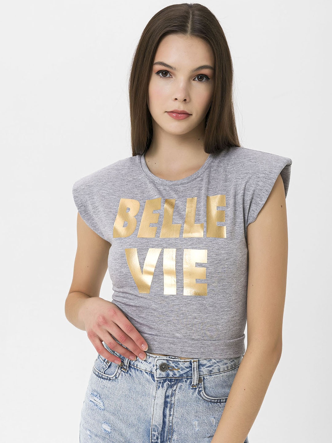 

Miss Poem Women Grey & Golden Typography Printed Padded Sleeves T-shirt
